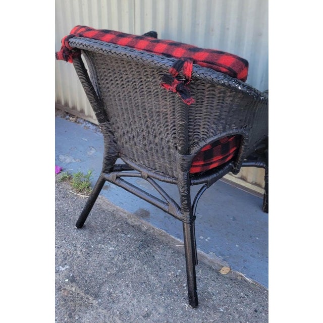 Black Wicker Chair W/ Buck Plaid Seat Cushions For Sale - Image 12 of 13