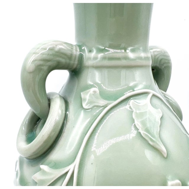 Mid-Century Chinese Celadon Vase With Floral Relief & Dual Handles – Asian Revival / Chinoiserie / Traditional Elegance For Sale - Image 9 of 12
