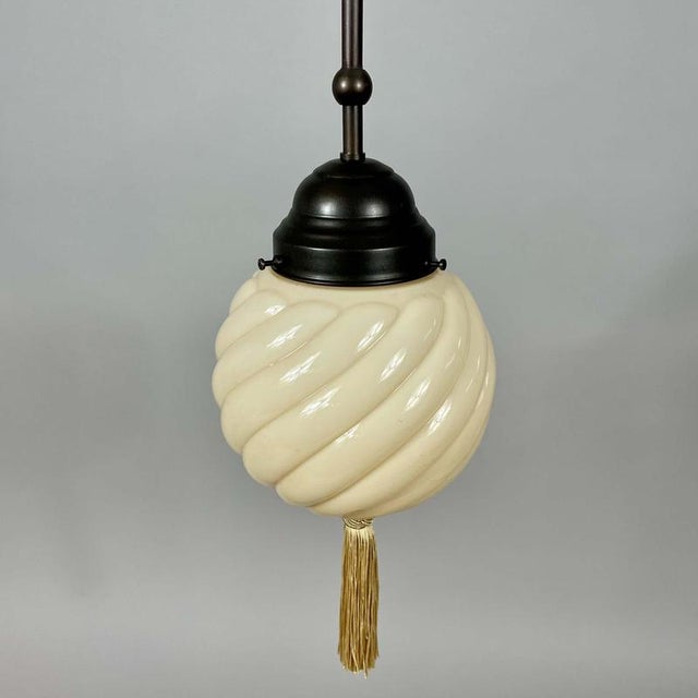 Art Deco Opaline Glass and Burnished Brass Pendants, Germany 1930s, Set of 2 For Sale - Image 16 of 17