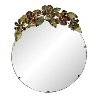 1950s Vintage Round Hanging Wall Mirror with Toleware Flowers, Italian For Sale