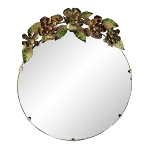 1950s Vintage Round Hanging Wall Mirror with Toleware Flowers, Italian