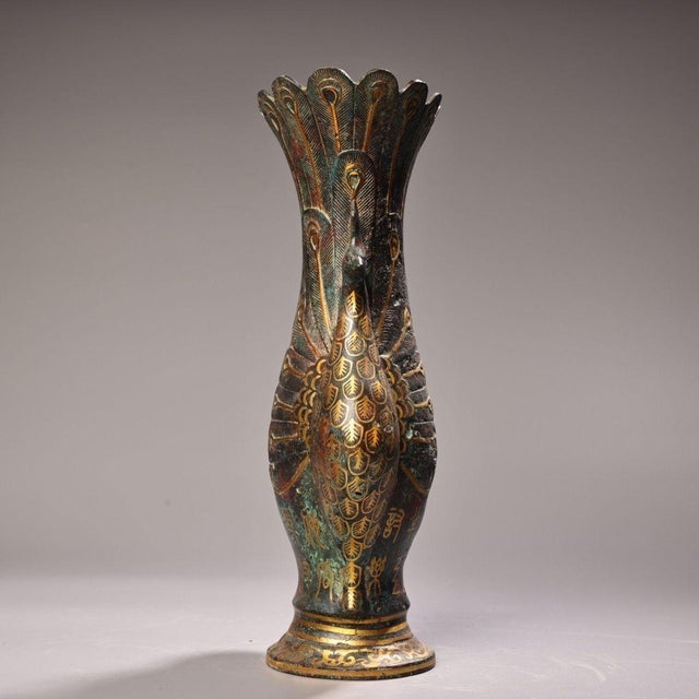 1930s Gilt‑Inlaid Bronze Peacock Vase For Sale - Image 5 of 9