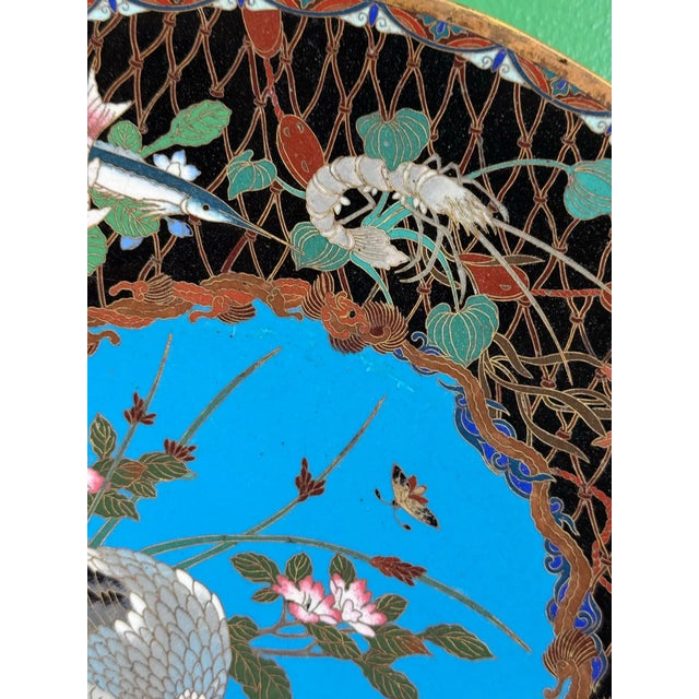 Metal Meiji Japanese Cloisonne Enamel Charger With Crab, Fish, and Marine Life in Net For Sale - Image 7 of 12
