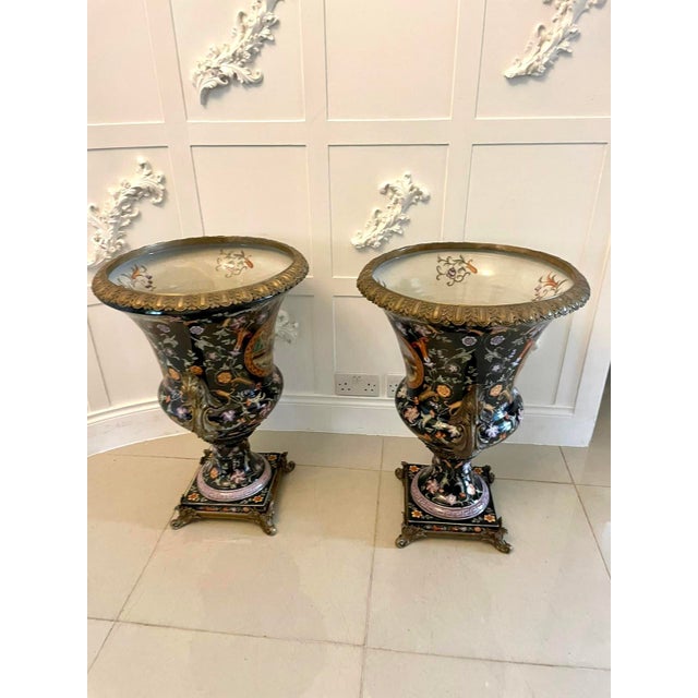 Antique French Porcelain and Brass Mounted Jardinière Urns, 1880, Set of 2 For Sale - Image 4 of 17
