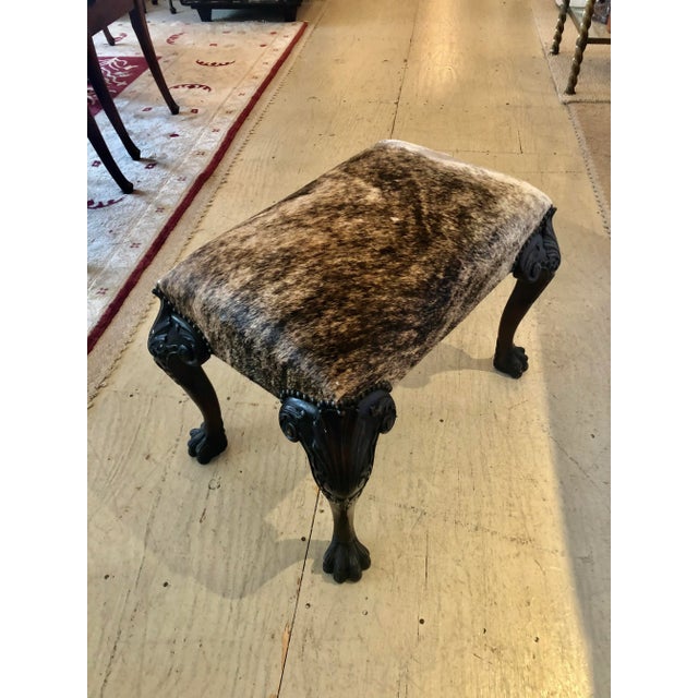 Vintage Carved Mahogany and Cowhide Ottoman For Sale - Image 4 of 10