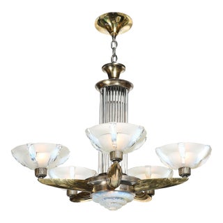 Art Deco Brass Petitot Chandelier W/ Glass Rods & Opalescent Glass Shades For Sale