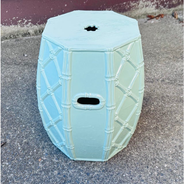 Vintage 1960s Italian Celadon Green Palm Beach Style Ceramic Faux Bamboo Garden Stool For Sale - Image 4 of 6
