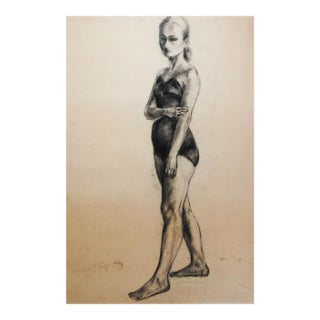 Vintage 1950s Charcoal Seated Female Figure Drawing For Sale