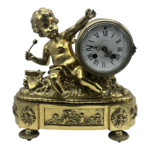 French Mantle Clock Guibel Paris 19th Century. Gilded Bronze Cherub Playing Drum