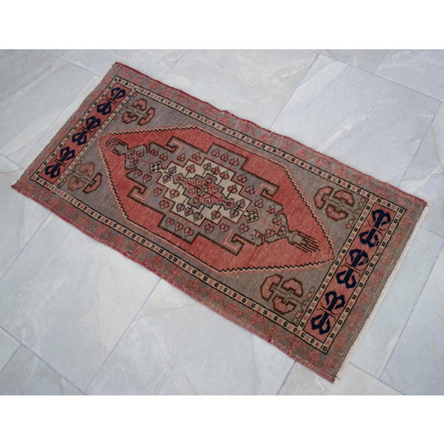 Small Rug Hand Knotted Distressed Oushak Rug Yastik - 21'' X 41'' For Sale - Image 11 of 14