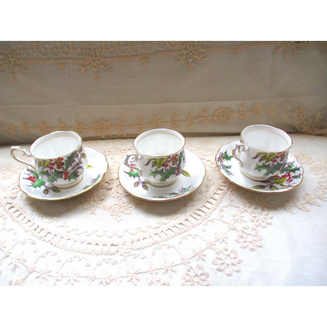 Green 1950s Royal Albert Bone China Flower of the Month Series #12 Holly 3 Teacups & Saucers Set- 6 Pieces For Sale - Image 8 of 10