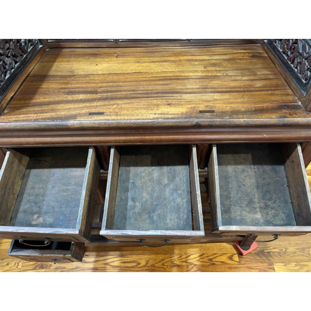 Antique Chinese Hand-Painted Orchid & Bamboo Hardwood Vanity Desk For Sale - Image 9 of 12