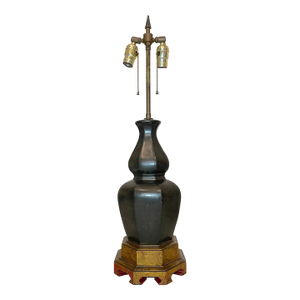 Large Vintage Chinese Dark Green Glaze Pottery Brass Gilt Wood Base Table Lamp
