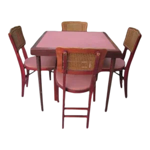 1950s Vintage Mid-Century Stakmore Card Table 4 Folding Cane Back Chairs Red Set of 5