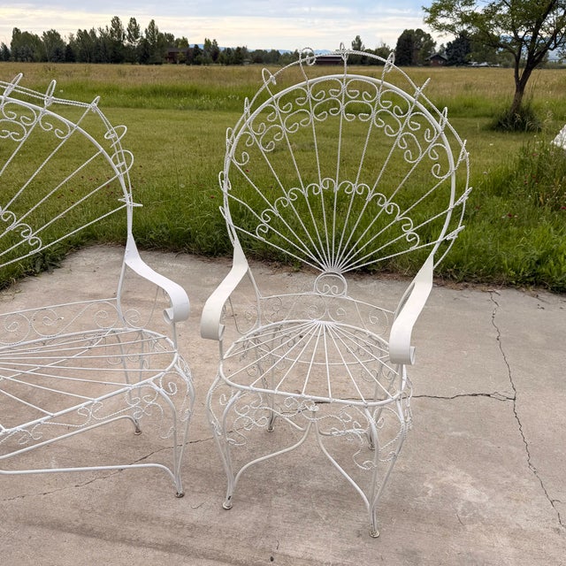 John Salterini 1960s Romantic Wrought Iron Garden Peacock Chairs and Settee After Salterini - Set of 3 For Sale - Image 4 of 10