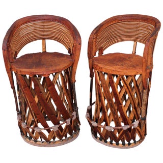 Mexican Tlaquepaque Bar Stools in Leather and Wood - Pair For Sale