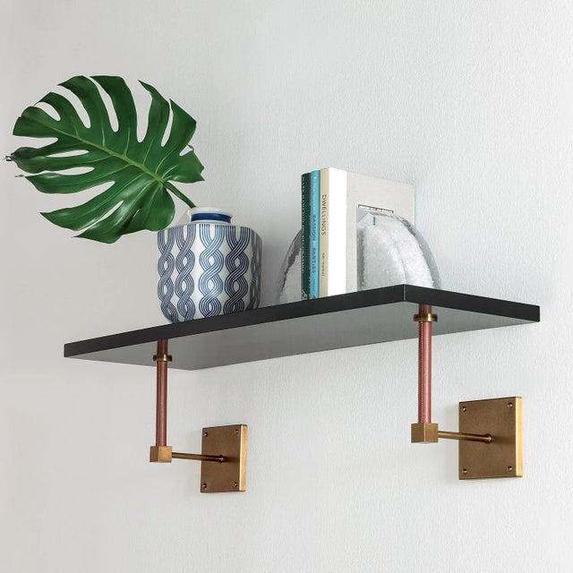 Port 68 Billy Black/Aged Brass Wall Shelf with Leather, 36" Wide For Sale - Image 4 of 4