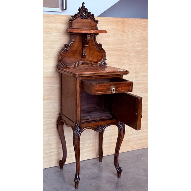 Antique French Walnut Night Stands with marble top and crest, 1900, A Pair For Sale - Image 4 of 18