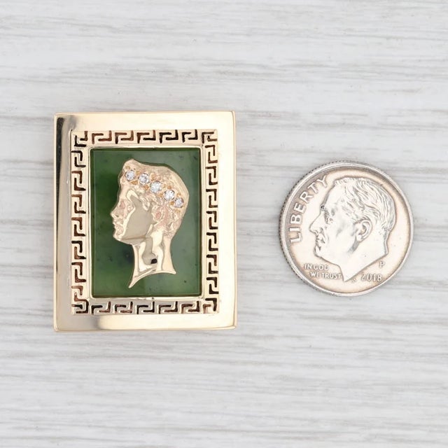Green Nephrite Jade Diamond Signet Pendant 14k Yellow Gold Figural Male Bust For Sale - Image 4 of 4