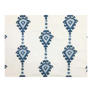 1.25 Yds Designer Cream Navy Aqua Blue Embroidered Ikat Drapery Fabric