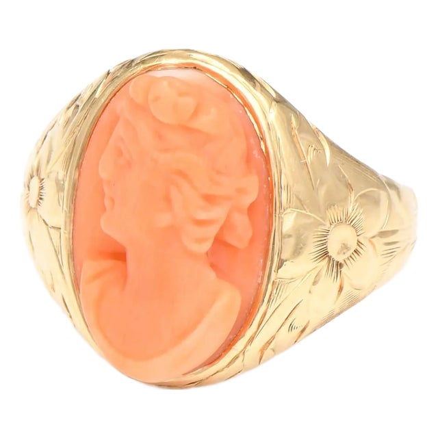 14KY Vintage Carved Lady Coral cameo Ring For Sale