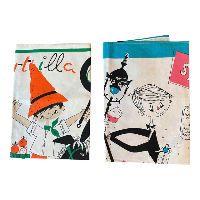 Vintage Whimisical Spanish Recipe Kitchen Towels, Set of 2 For Sale