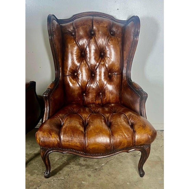 Pair of French Leather Tufted Wingback Chairs C. 1930 For Sale In Los Angeles - Image 6 of 13
