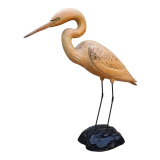 1970's Tom Taber Hand-Carved Wood Heron Egret Crane Bird Decoy - Artist Signed For Sale