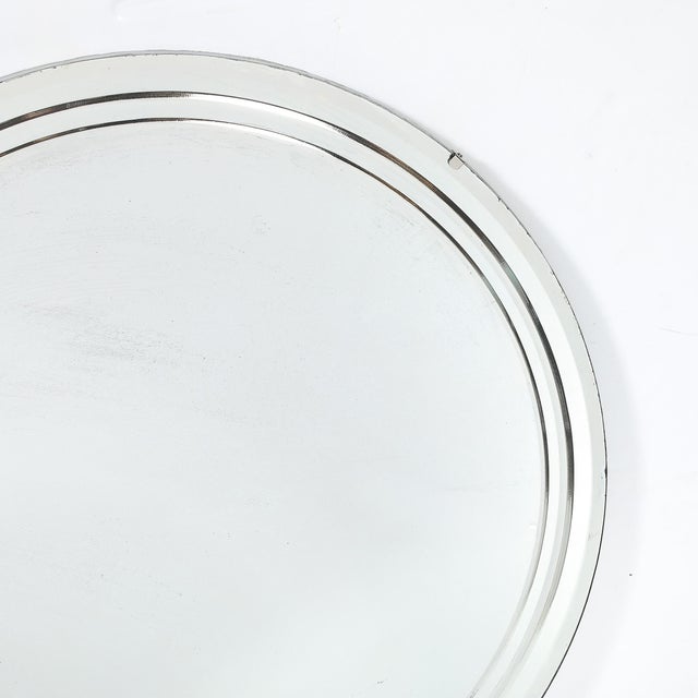 Art Deco Streamlined Machined Age Minimal Round Reversed Etched & Beveled Mirror For Sale - Image 4 of 12