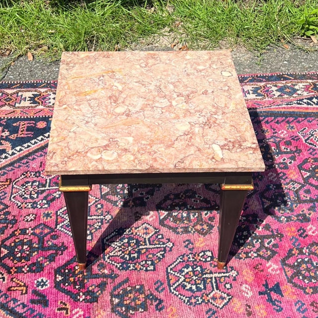 Neoclassical 1970s Vintage Baker Furniture Marble Top Side Table, Ebonized and Gilded. For Sale - Image 3 of 11
