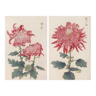 Pink Chrysanthemum Diptych, Vintage Japanese Botanical Art Print (Set of 2), 24" X 36" For Sale