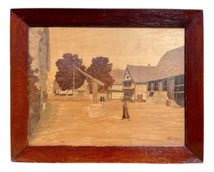 Charles Spindler, Alsatian Village, Marquetry Panel, Framed