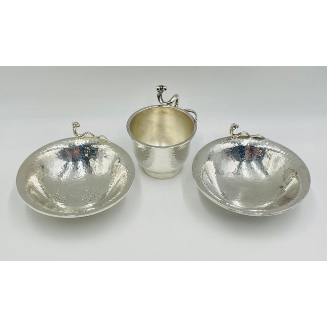 Metal 1980s Emilia Castillo Silver-Plated Bowl & Cup Set With Sculptural Worm Handles For Sale - Image 7 of 18