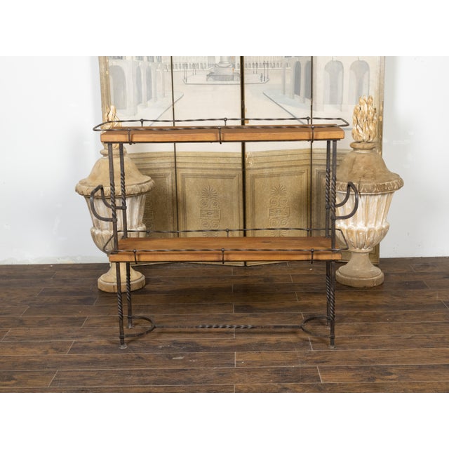 Brown American Midcentury Metal and Wood Two-Tiered Shelving Unit with Twisted Motifs For Sale - Image 8 of 12