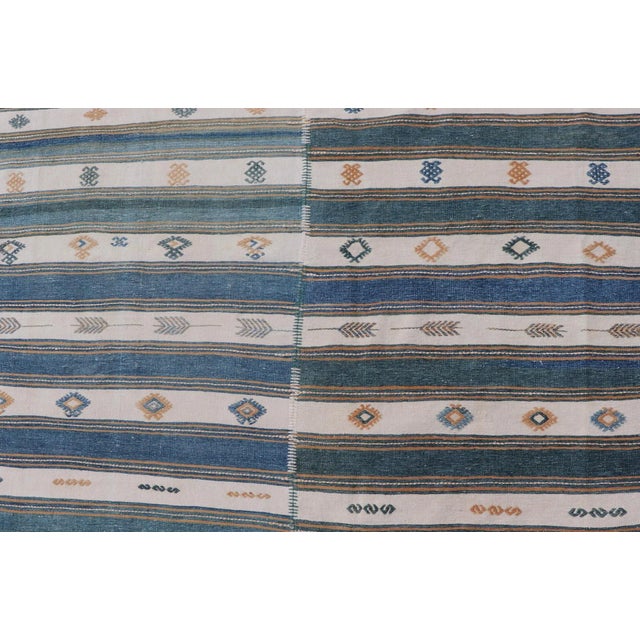 Vintage Turkish Cotton Kilim Rug With Teal, Blue, Cream, and Beige Stripes 4'6"x16'4" For Sale In Atlanta - Image 6 of 10