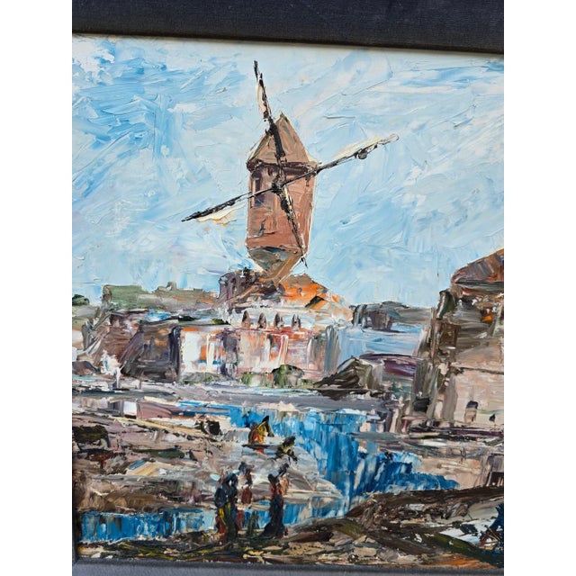 This is an oil painting of Montmartre, Paris, featuring the Moulin de la Galette, a historic windmill. This is presented...