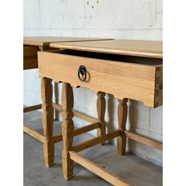 In Style of Henning Kjærnulf Oak Nightstands Set of 2 End Side Tables Vintage Mid-Century Modern 1960s For Sale - Image 10 of 13