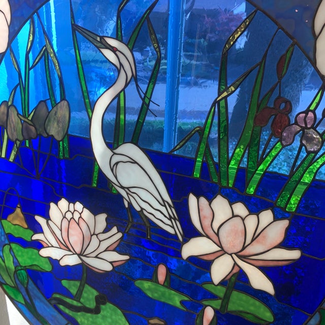 Mid 20th Century Large Vintage Stained Glass Art, Crane and Lotus For Sale - Image 5 of 12