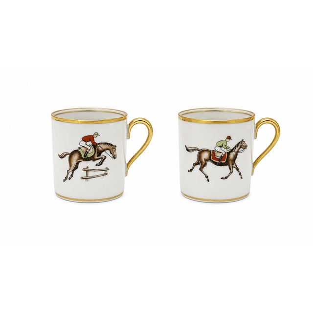 Mid-Century Modern Pair Vintage Hertel Jacobs Equestrian Jockey Porcelain Demitasse Cups & Saucers For Sale - Image 3 of 11