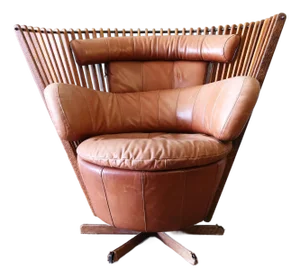 Pacific Green Tavarua Swivel Lounge Chair Palm Wood and Leather C. 2000s
