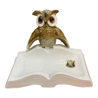 1980s Hand Painted Owl on Book Ring Tray Trinket Dish Porcelain Figurine Gerold, Bavarian, West Germany For Sale