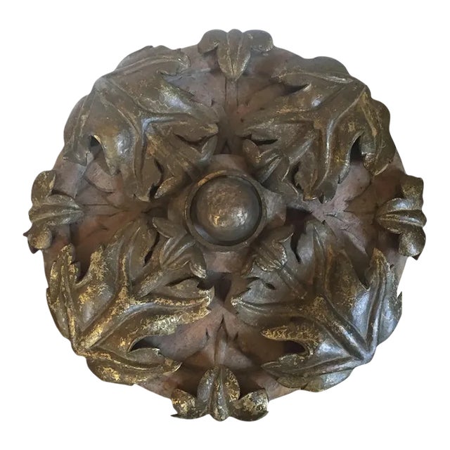 Large Neoclassical Acanthus Leaf Carved & Gilt Wood Ceiling Medallion for Lantern or Chandelier Carving Signed & Dated 1933 For Sale