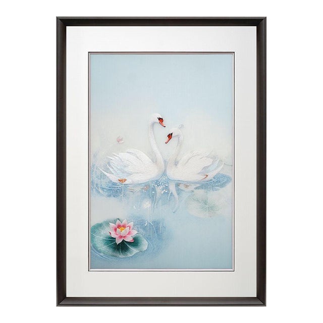 Handcrafted Suzhou Embroidery Swan Water Scene Wall Art – Double-Sided Silk Embroidery Decorative Panel For Sale