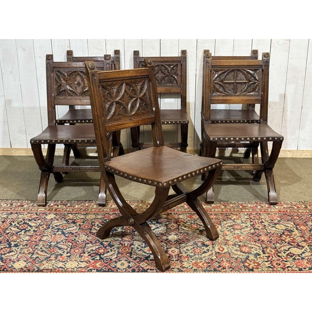 Wood Chairs and Armchairs in Oak and Leather with Gothic Decoration, 1930s, Set of 8 For Sale - Image 7 of 18