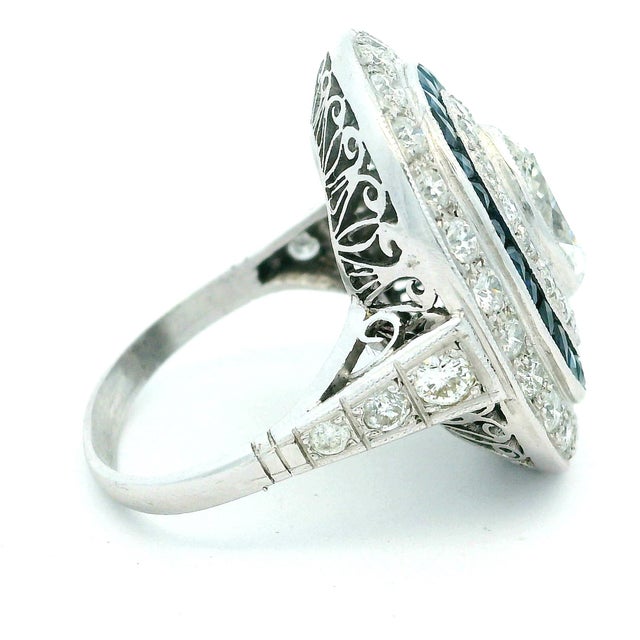 1920s Art Deco Platinum Diamond and Calibré Sapphire Navette Ring, Circa 1920, Size 6 For Sale - Image 5 of 12