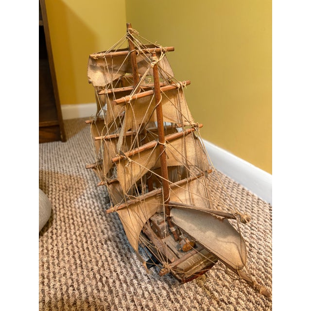 Vintage Handcrafted 3 Masted Wooden Ship Model With Fabric Sails For Sale In Chicago - Image 6 of 7