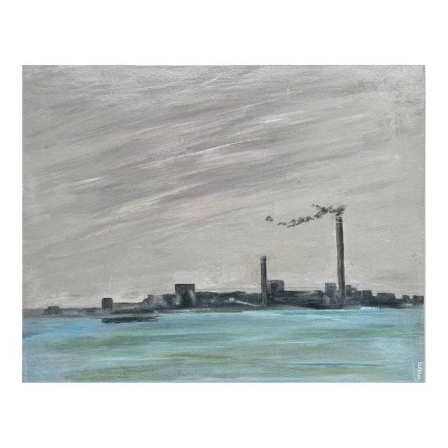 "Industrial Waterfront" Contemporary Cityscape Painting in Gray and Aqua by Mill Valley Artist Mary Anne McKernie For Sale