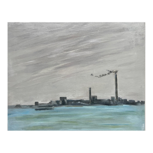 "Industrial Waterfront" Contemporary Cityscape Painting in Gray and Aqua by Mill Valley Artist Mary Anne McKernie