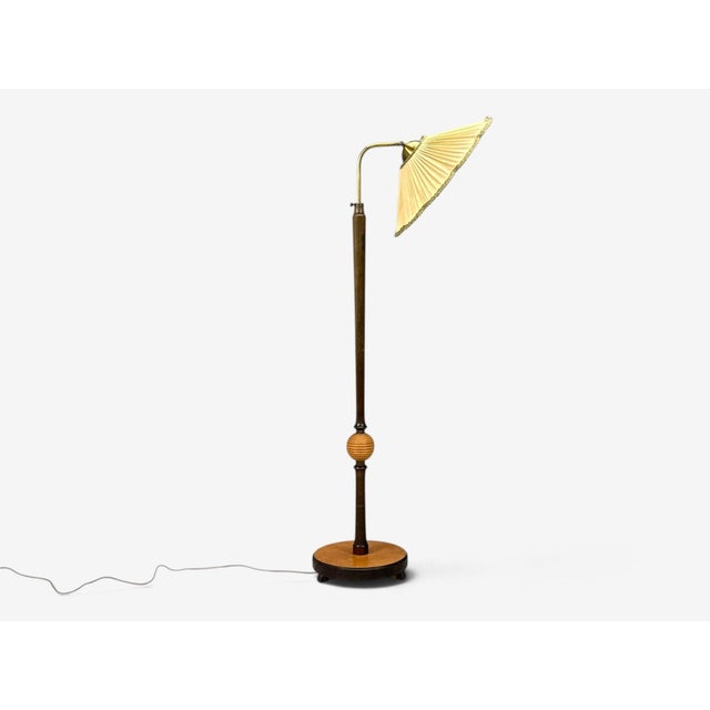 Mid-Century Modern 1930s Art Deco, Adjustable Floor Lamp, Birch, Brass, Fabric For Sale - Image 3 of 12