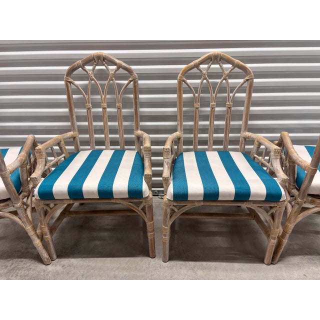 Mid-Century Modern 4 Refurbished Henry Link Cathedral Rattan Bamboo Arm Chairs. Professionally Upholstered in Teal and White Striped Sunbrella Outdoor Fabric For Sale - Image 3 of 12